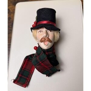 Vintage‎ Victorian Caroler Head Christmas Ornament Top Hat Plaid Scarf Singing